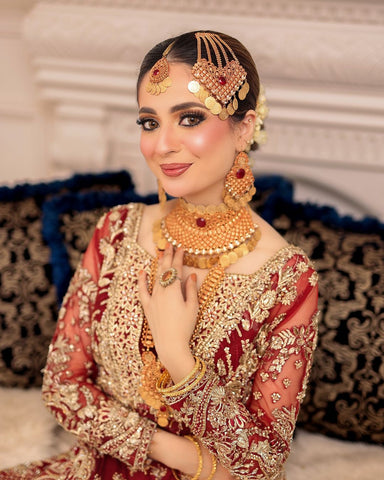 Deep Red Embroidered Net Bridal Gown (2-Piece) - Image 6