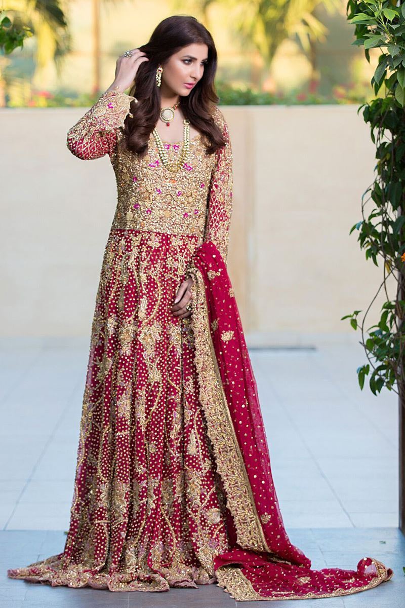 Pakistani Red Zardozi Net Bridal Gown (2-Piece) - Image 1