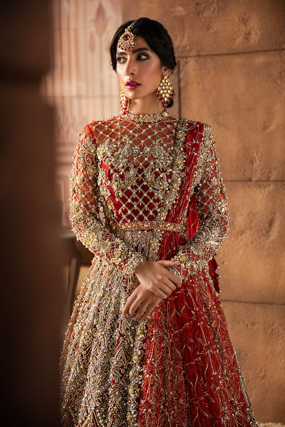 Pakistani Red Embellished Net Bridal Gown (2-Piece) - Image 2