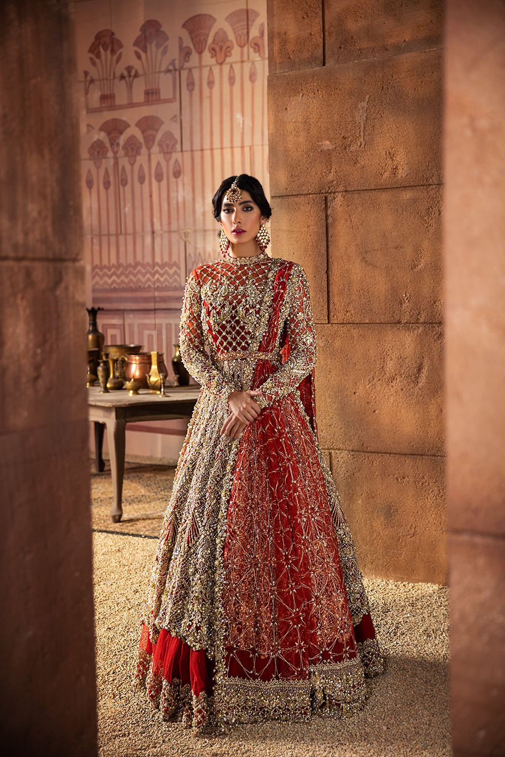 Red Embellished Net Bridal Gown (2-Piece) - Image 1