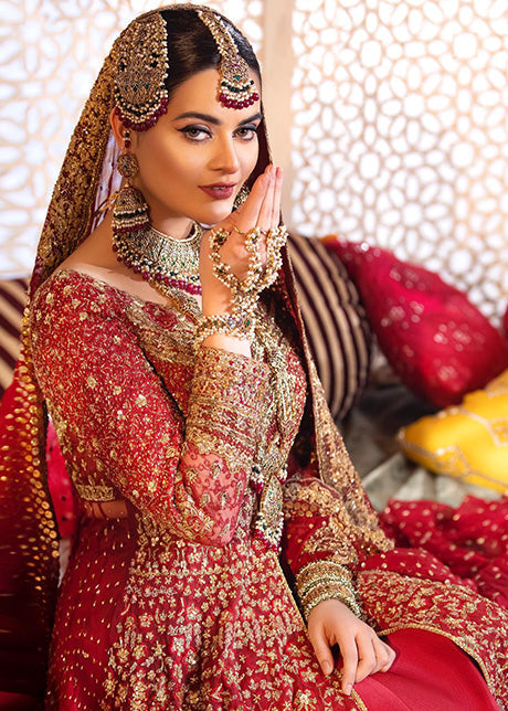 Deep Red Embroidered Net Bridal Gown (2-Piece) - Image 1