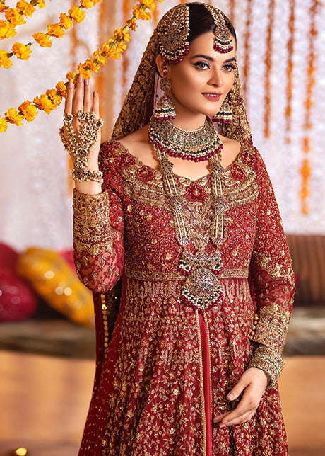 Deep Red Embroidered Net Bridal Gown (2-Piece) - Image 2