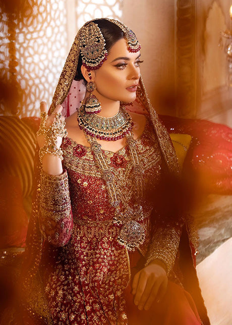 Deep Red Embroidered Net Bridal Gown (2-Piece) - Image 3