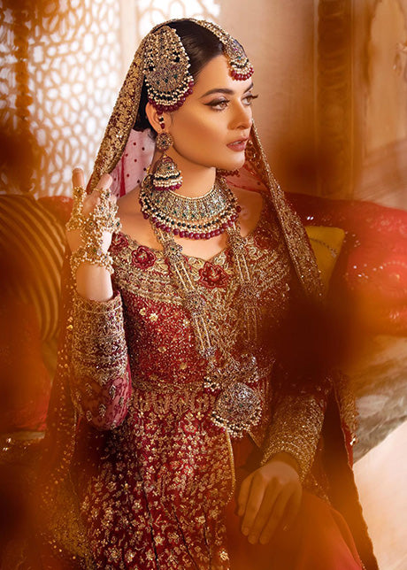 Deep Red Embroidered Net Bridal Gown (2-Piece) - Image 4