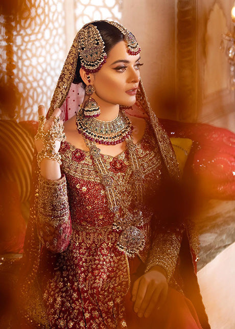 Deep Red Embroidered Net Bridal Gown (2-Piece) - Image 5