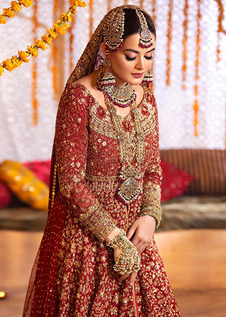 Deep Red Embroidered Net Bridal Gown (2-Piece) - Image 6