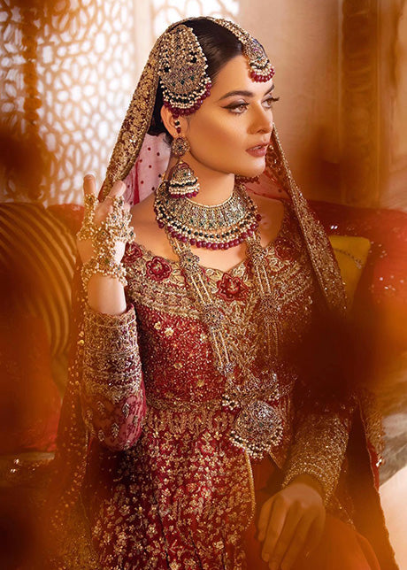 Deep Red Embroidered Net Bridal Gown (2-Piece) - Image 7