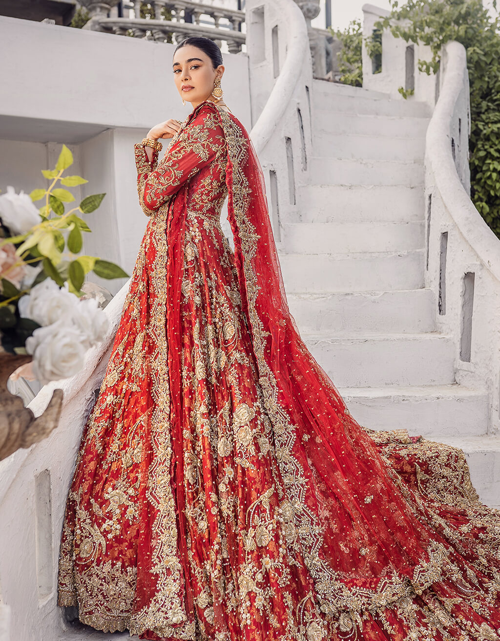Bright Red Embroidered Net Gown (2-Piece) - Image 1