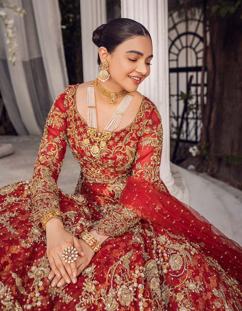 Bright Red Embroidered Net Gown (2-Piece) - Image 2