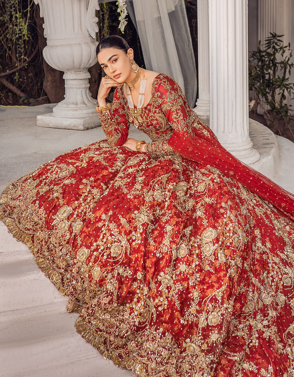 Bright Red Embroidered Net Gown (2-Piece) - Image 3