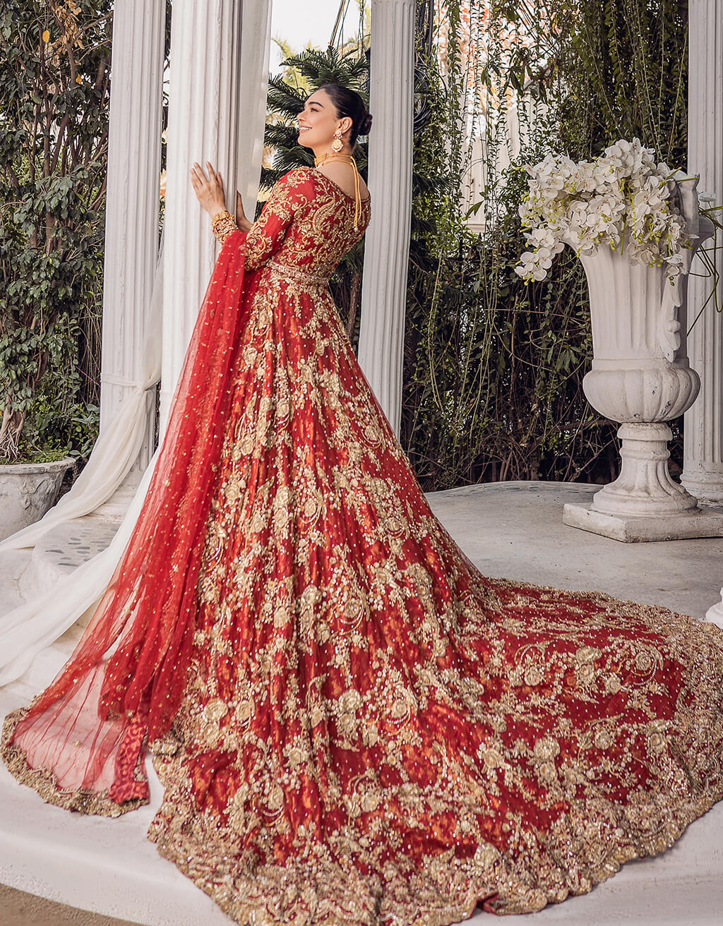Bright Red Embroidered Net Gown (2-Piece) - Image 5