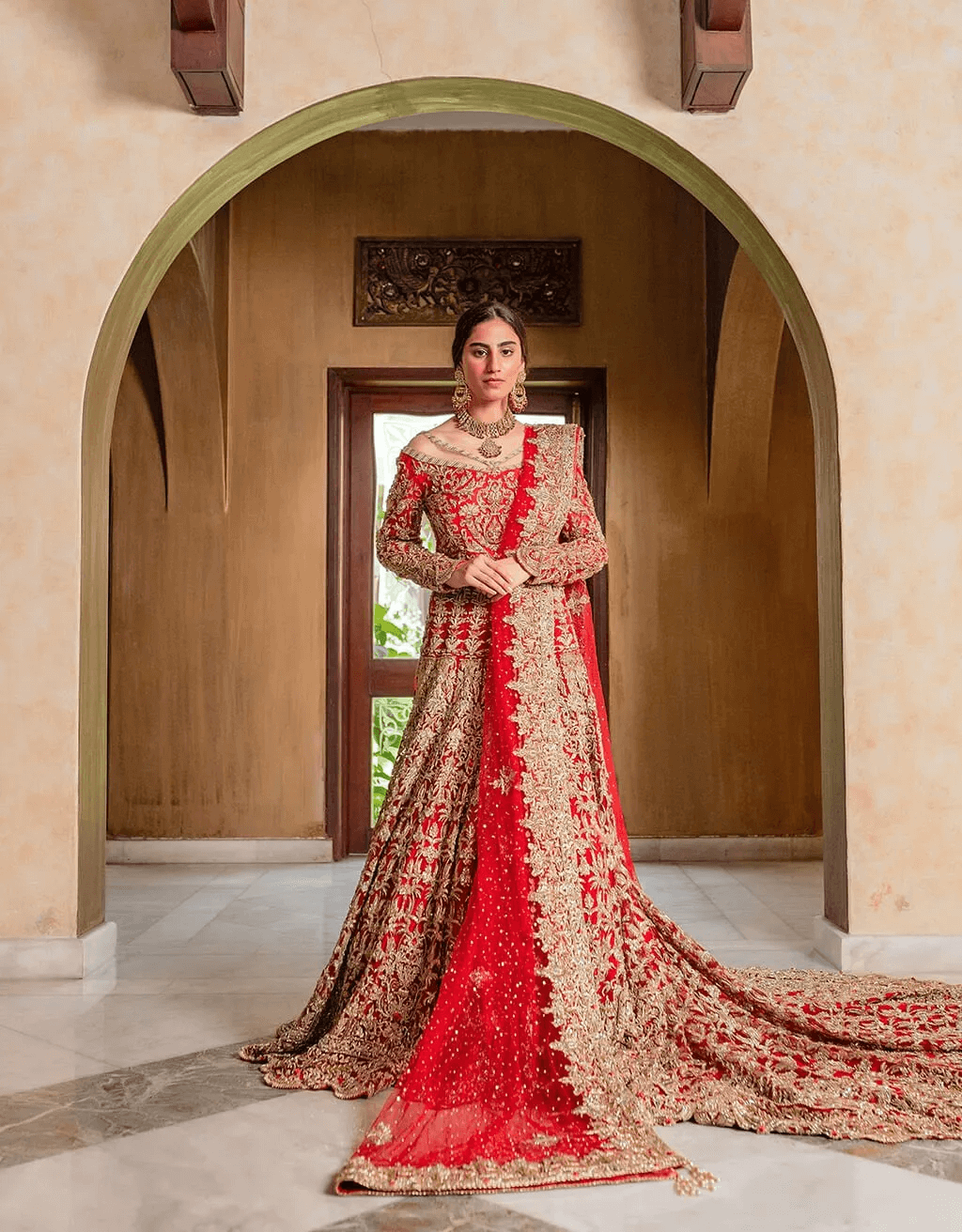 Pakistani Crimson Red Zardozi Net Bridal Gown (2-Piece) - Image 1
