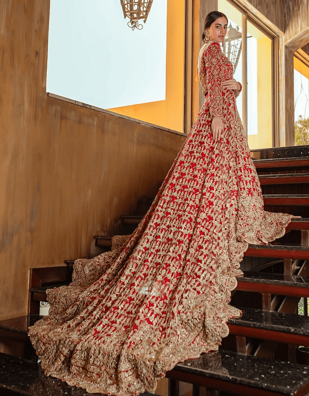 Pakistani Crimson Red Zardozi Net Bridal Gown (2-Piece) - Image 4