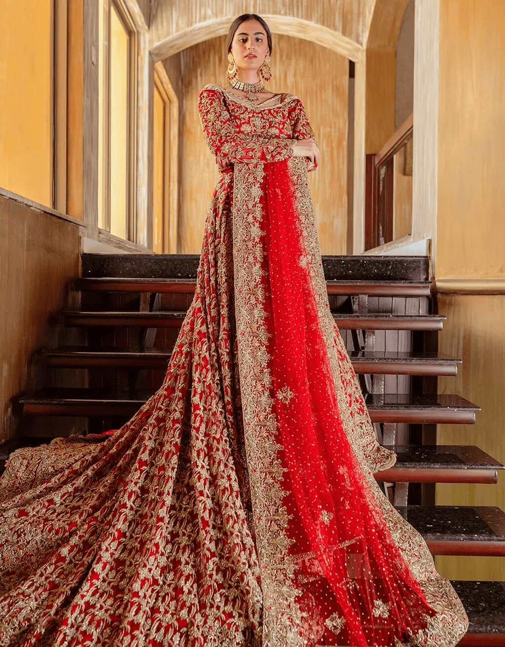 Pakistani Crimson Red Zardozi Net Bridal Gown (2-Piece) - Image 5