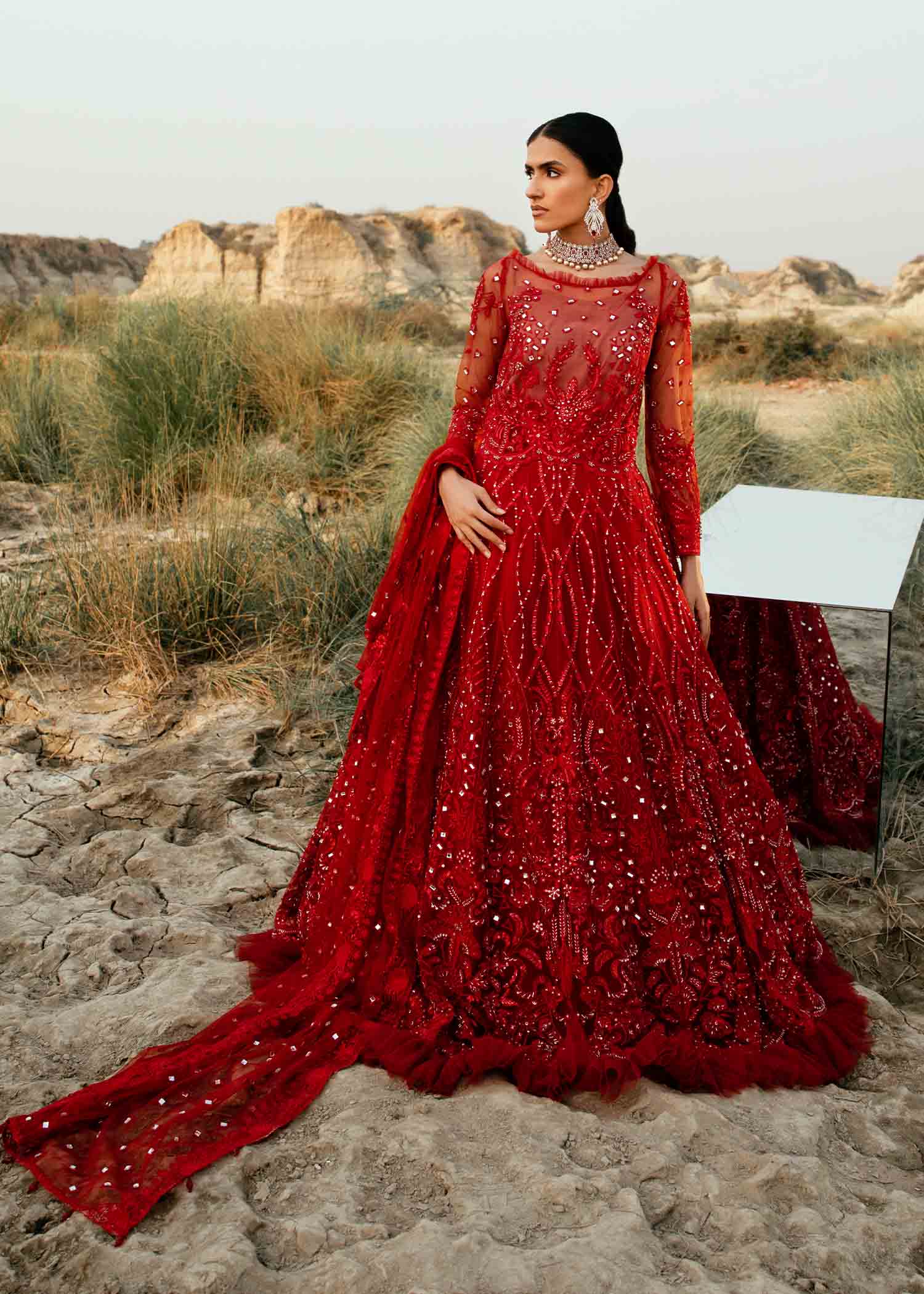 Deep Red Embroidered Net Bridal Gown (2-Piece) - Image 1