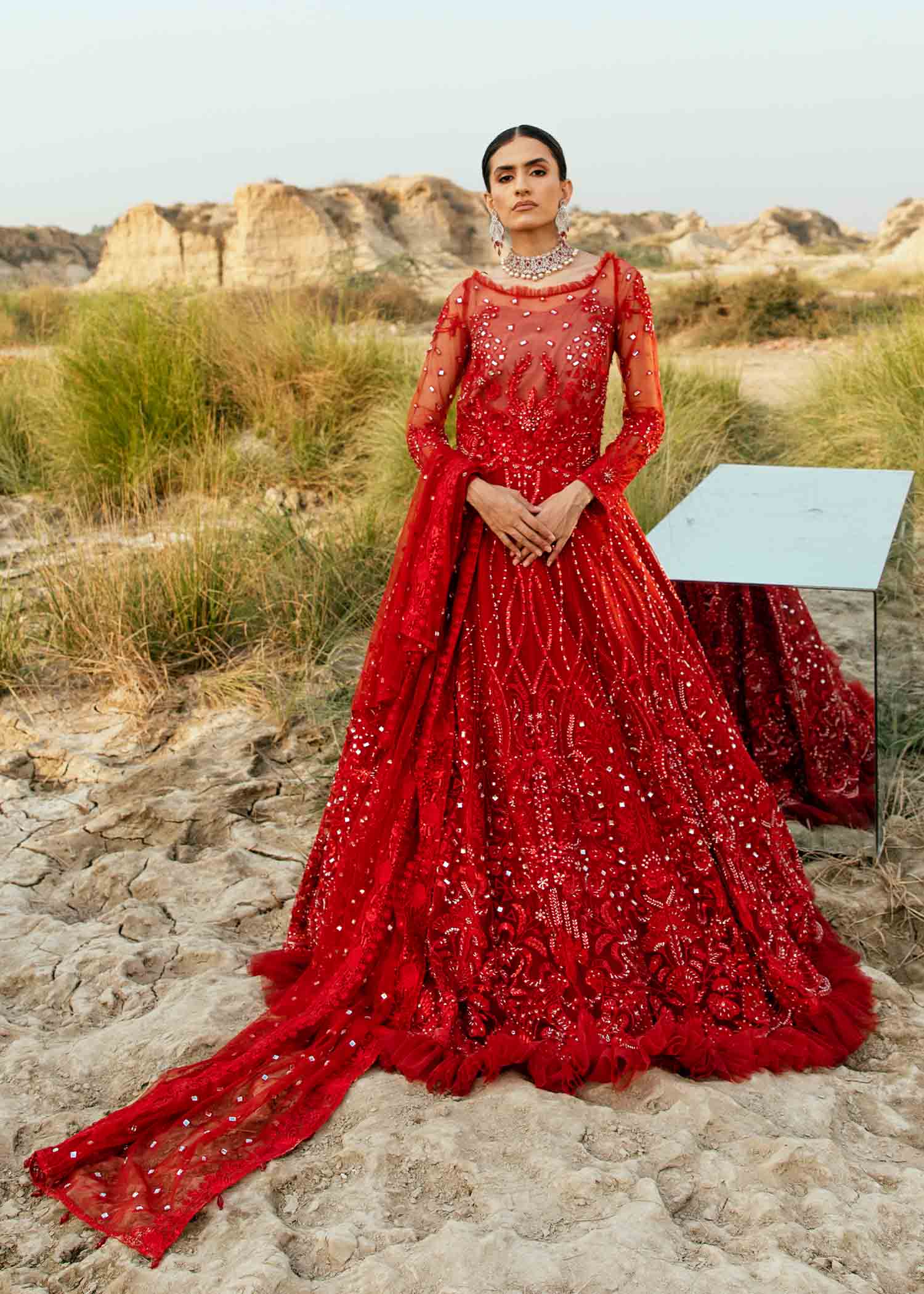 Deep Red Embroidered Net Bridal Gown (2-Piece) - Image 2