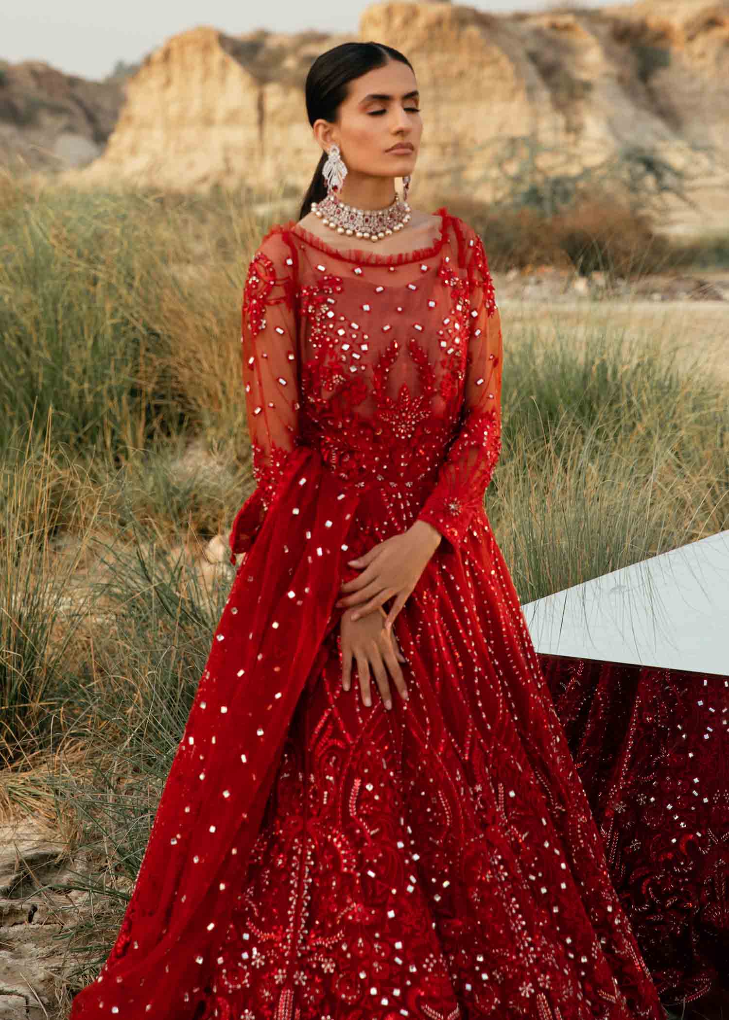 Deep Red Embroidered Net Bridal Gown (2-Piece) - Image 3