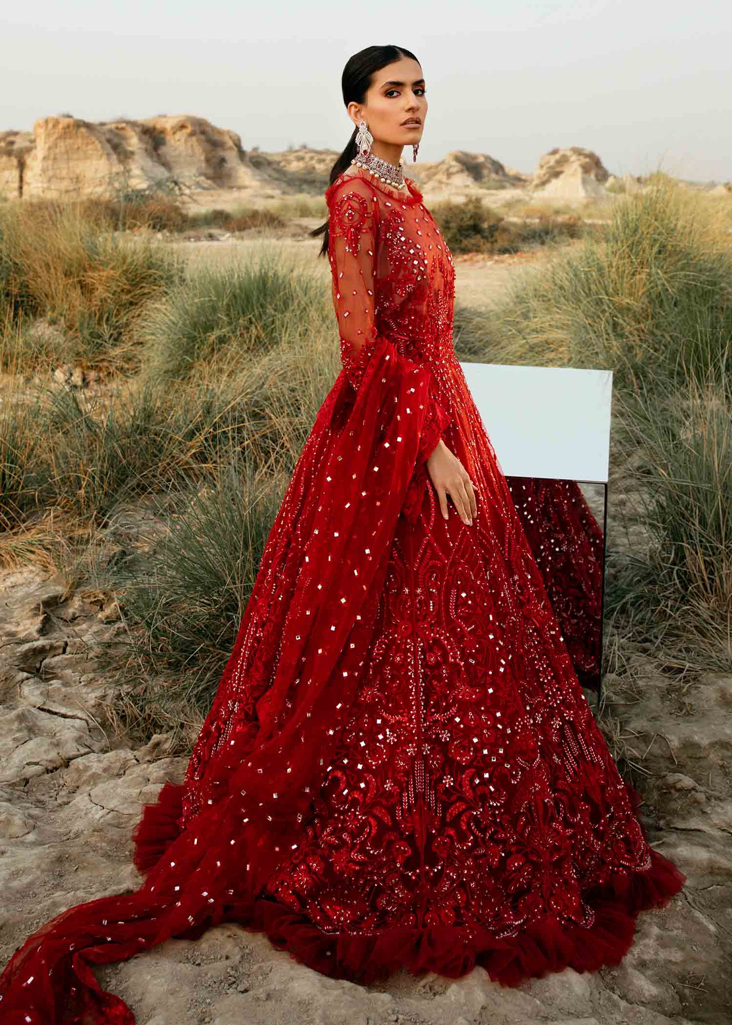 Deep Red Embroidered Net Bridal Gown (2-Piece) - Image 4