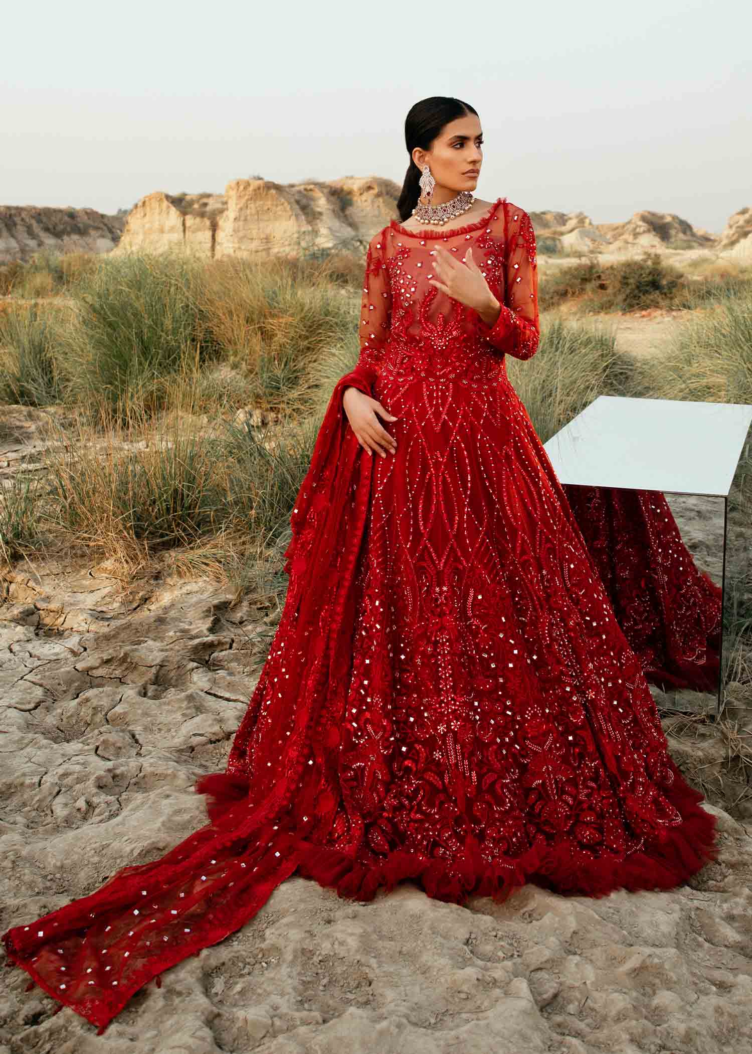 Deep Red Embroidered Net Bridal Gown (2-Piece) - Image 5