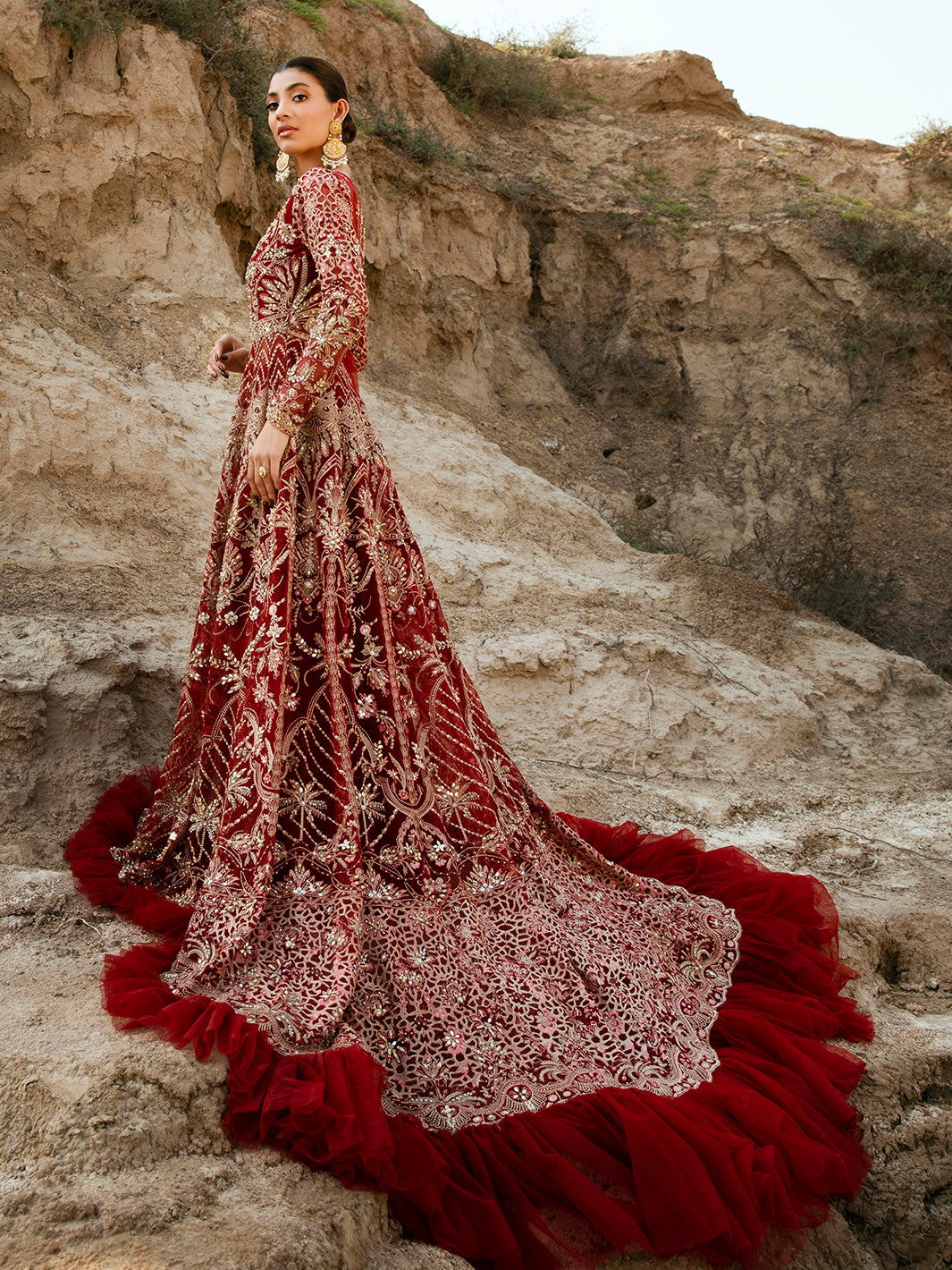Deep Red Embroidered Net Bridal Gown (2-Piece) - Image 1