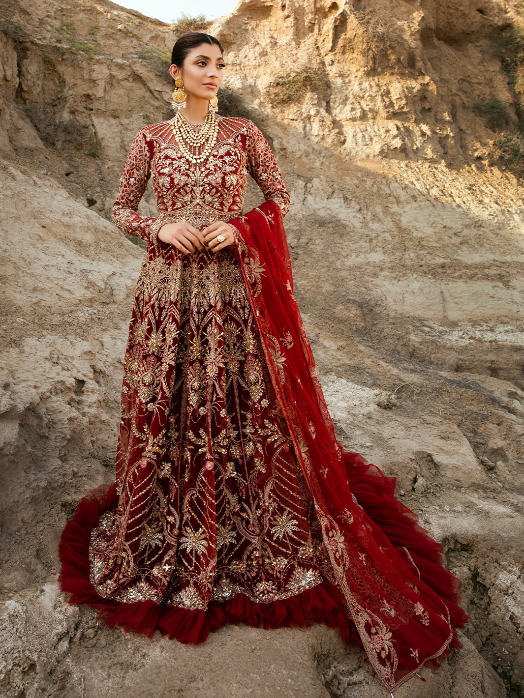 Deep Red Embroidered Net Bridal Gown (2-Piece) - Image 2
