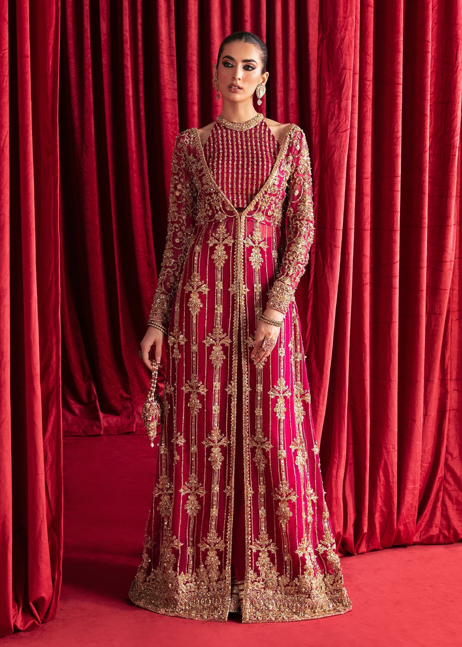 Pakistani Raspberry Embroidered Organza Gown (3-Piece) - Image 1