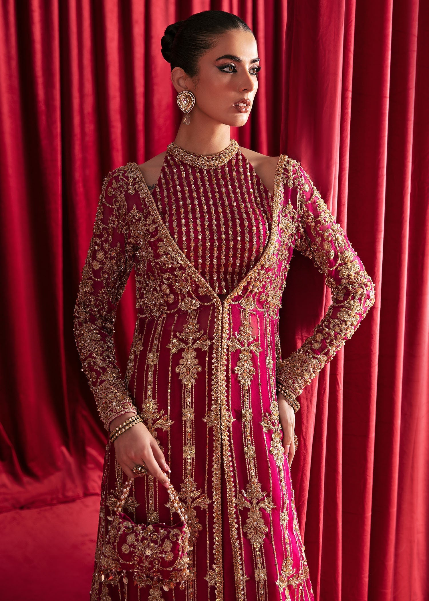 Pakistani Raspberry Embroidered Organza Gown (3-Piece) - Image 2