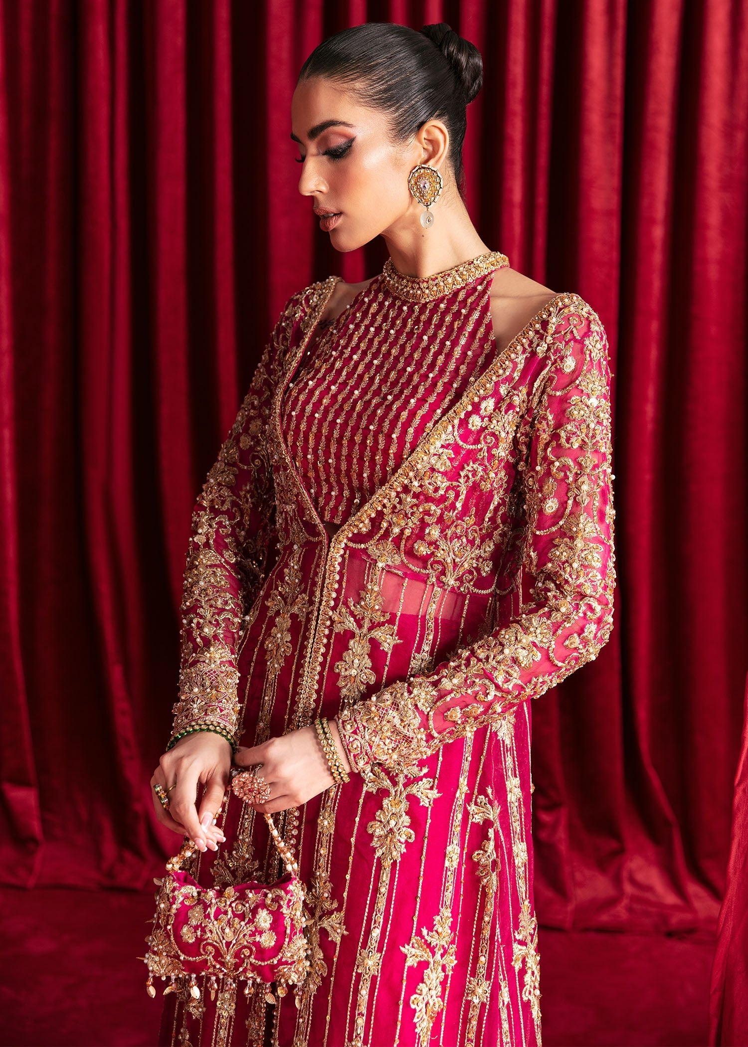 Pakistani Raspberry Embroidered Organza Gown (3-Piece) - Image 3