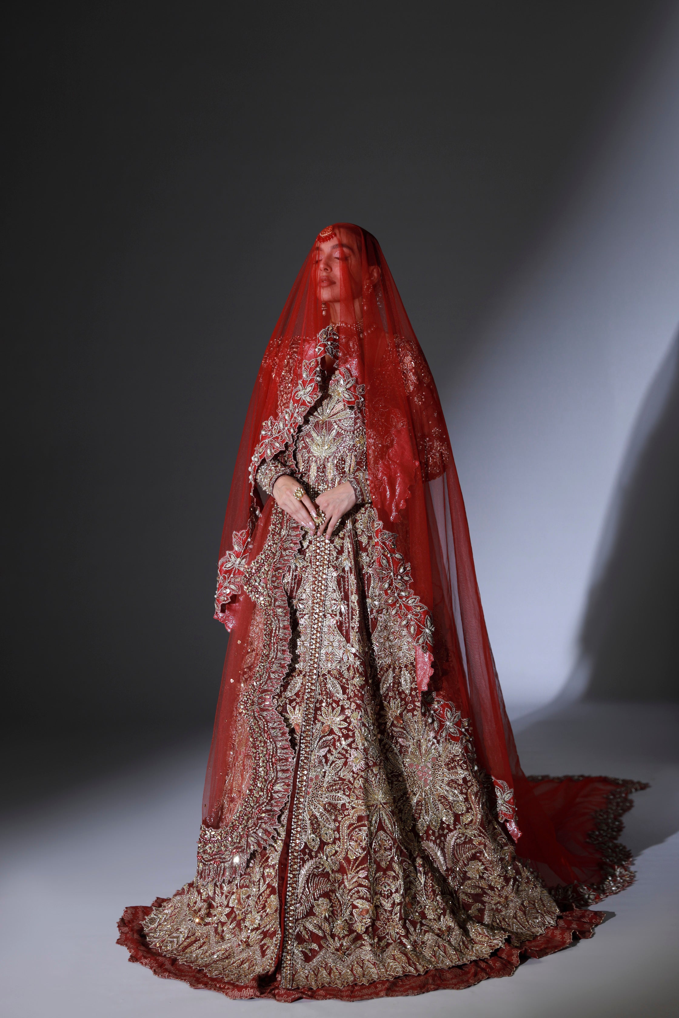 Scarlet Red Embroidered Organza Bridal Gown (2-Piece) - Image 4