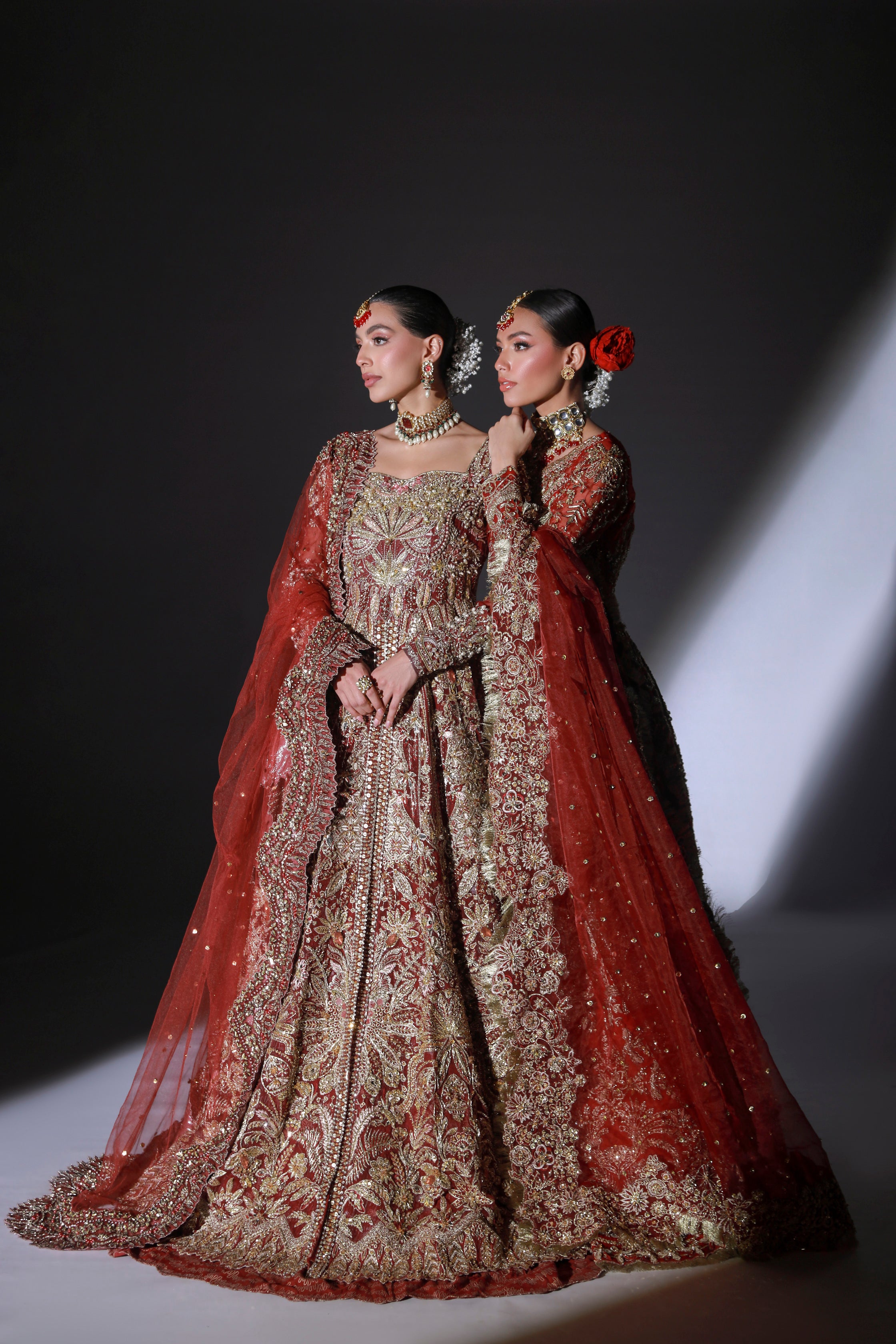 Scarlet Red Embroidered Organza Bridal Gown (2-Piece) - Image 9