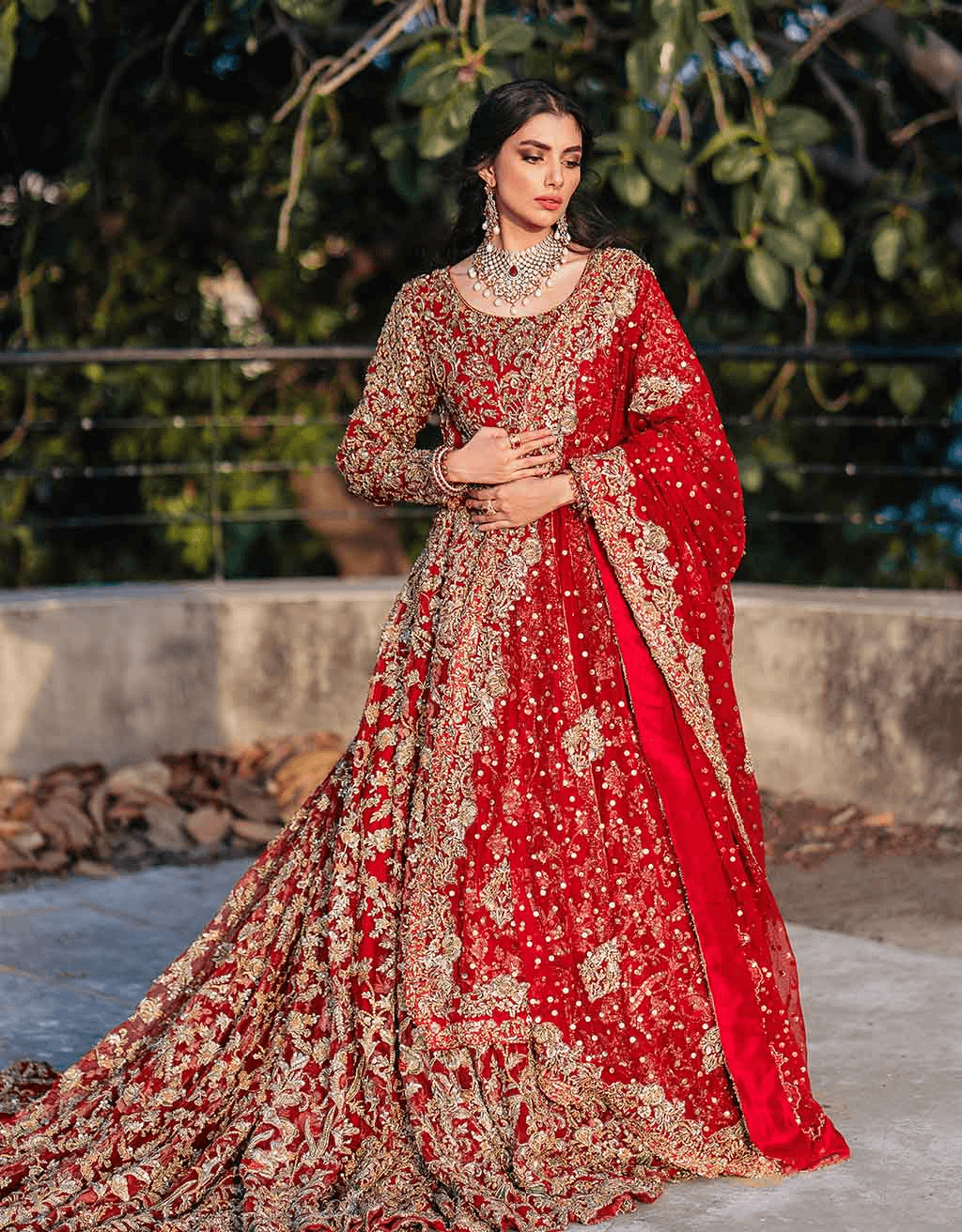 Pakistani Blood Red Zardozi Pure Net Bridal Gown (2-Piece) - Image 1