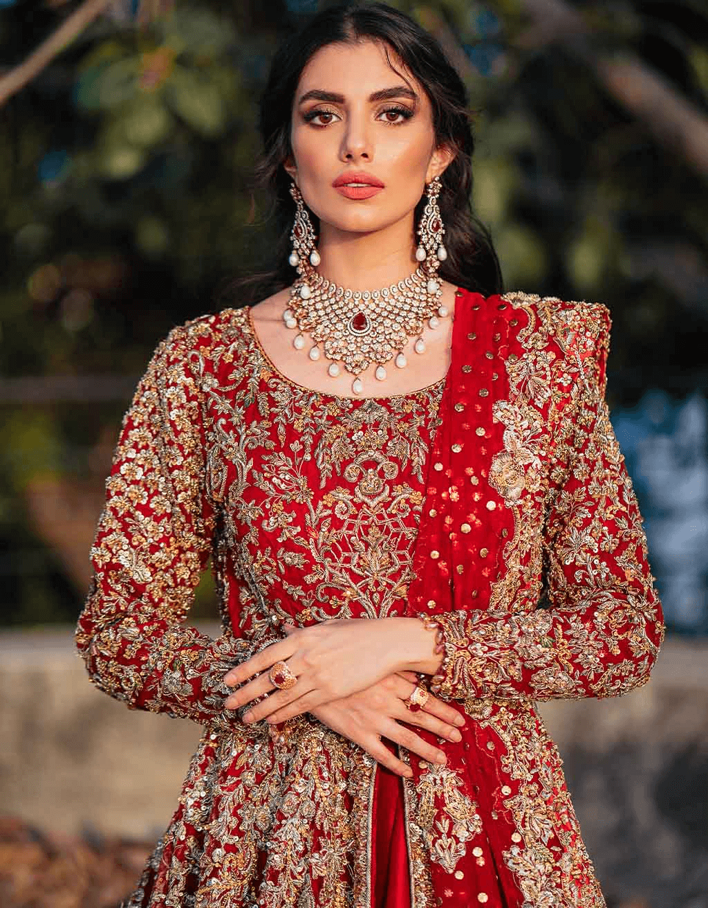 Pakistani Blood Red Zardozi Pure Net Bridal Gown (2-Piece) - Image 2