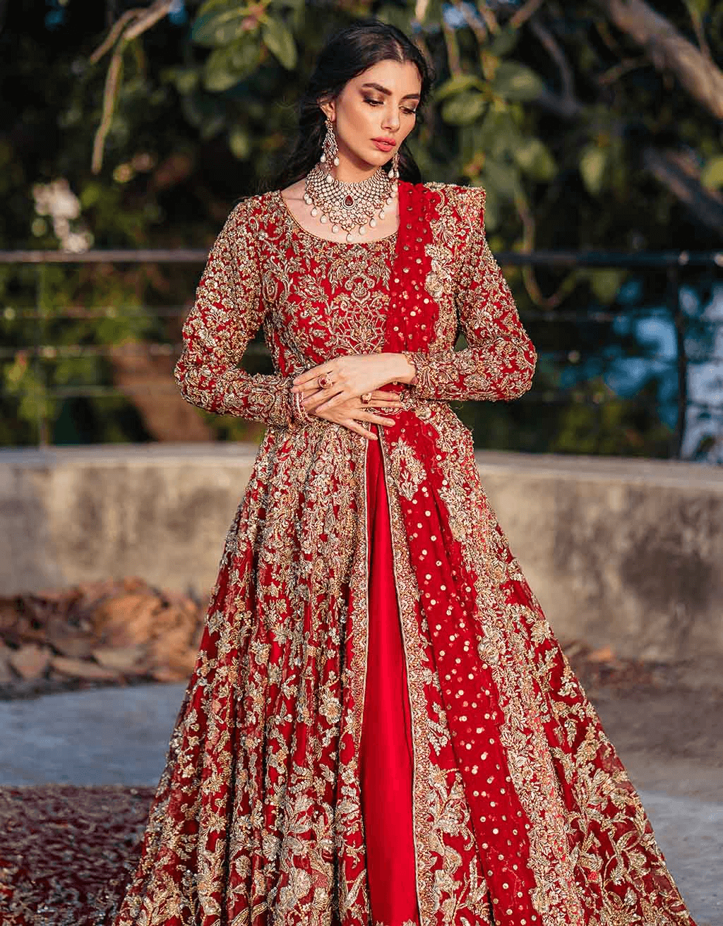 Pakistani Blood Red Zardozi Pure Net Bridal Gown (2-Piece) - Image 3