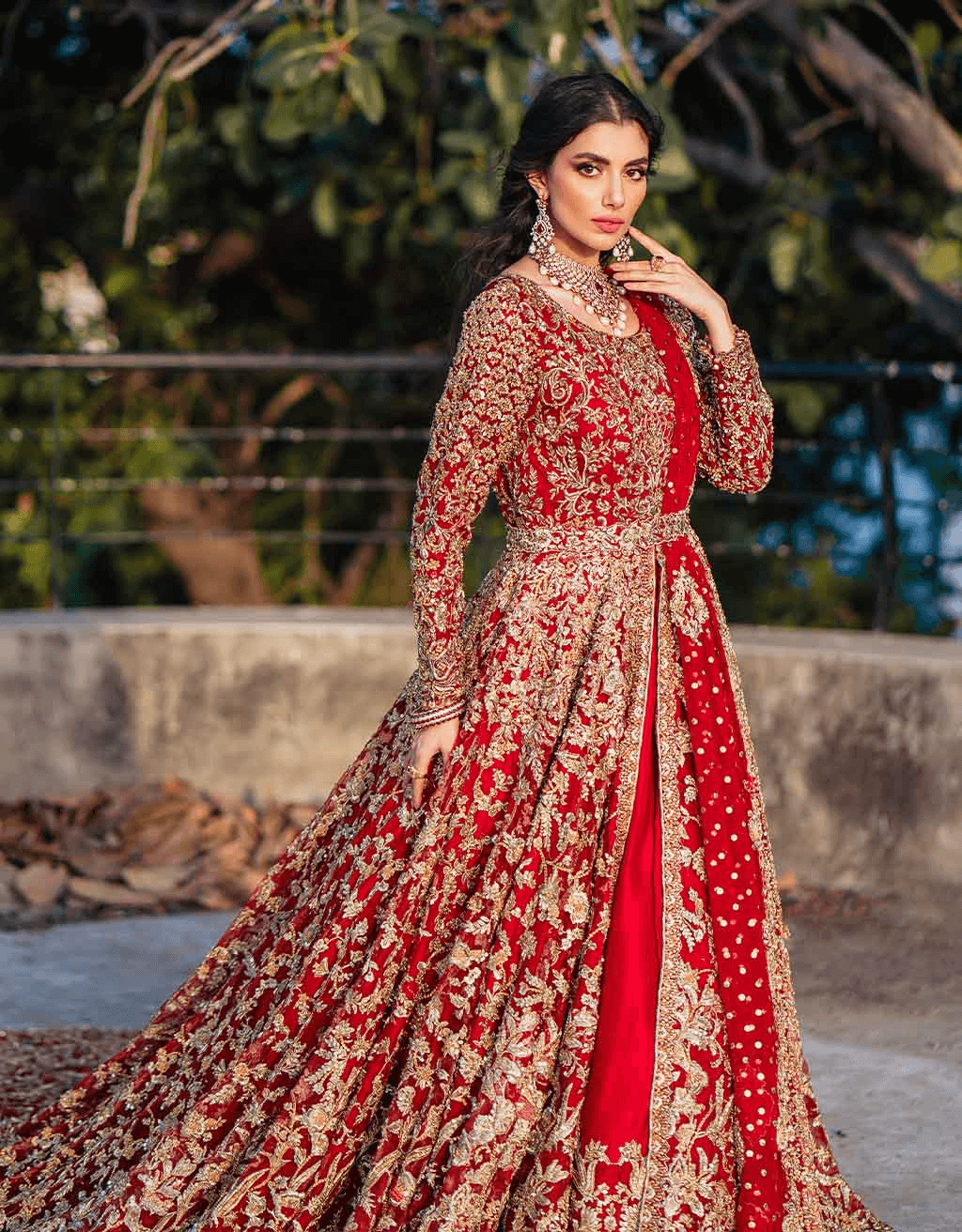 Pakistani Blood Red Zardozi Pure Net Bridal Gown (2-Piece) - Image 4