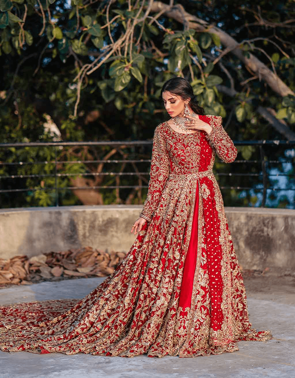 Pakistani Blood Red Zardozi Pure Net Bridal Gown (2-Piece) - Image 5