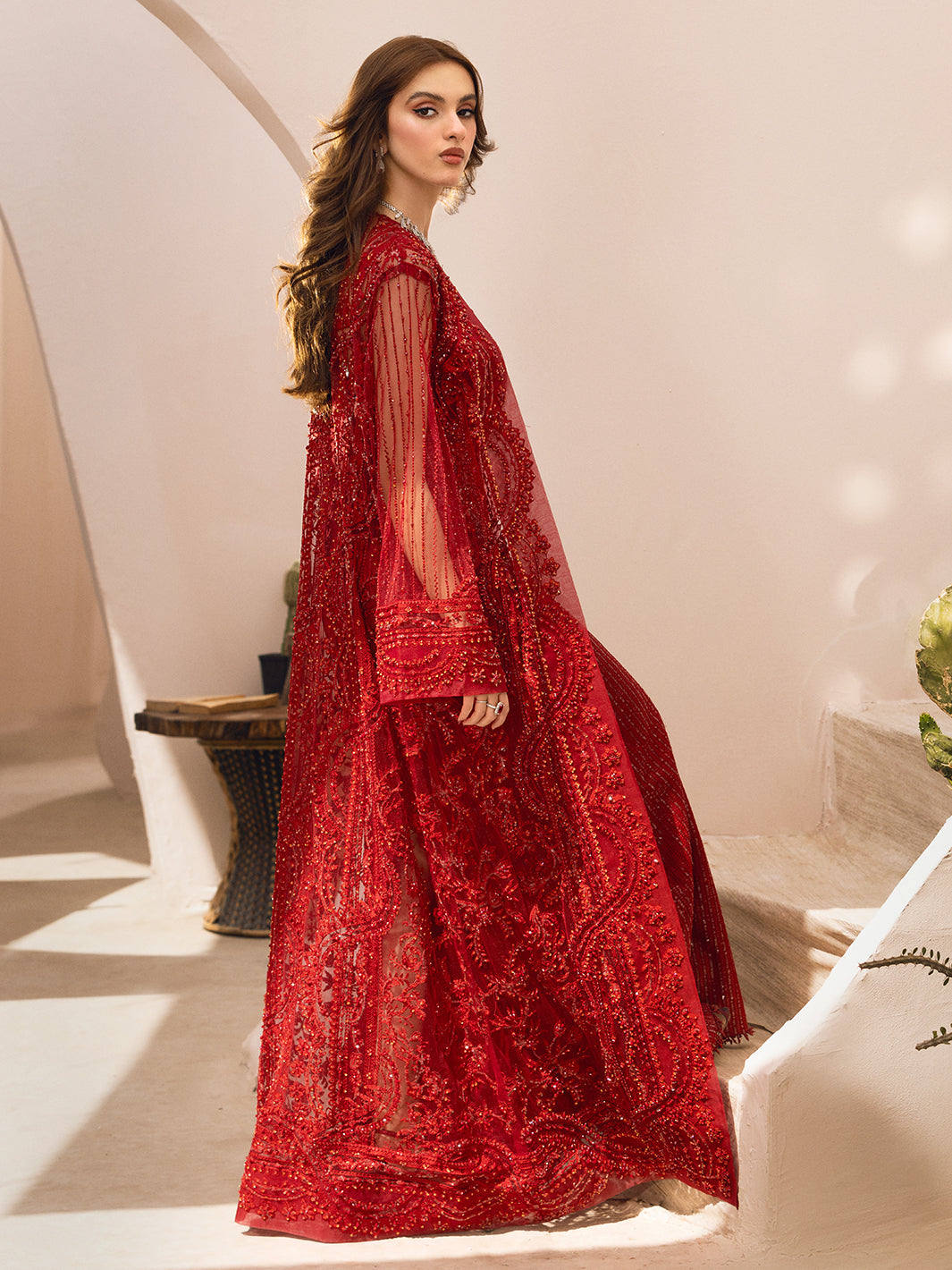 Pakistani Red Hand-Embellished Net Gown (2-Piece) - Image 1