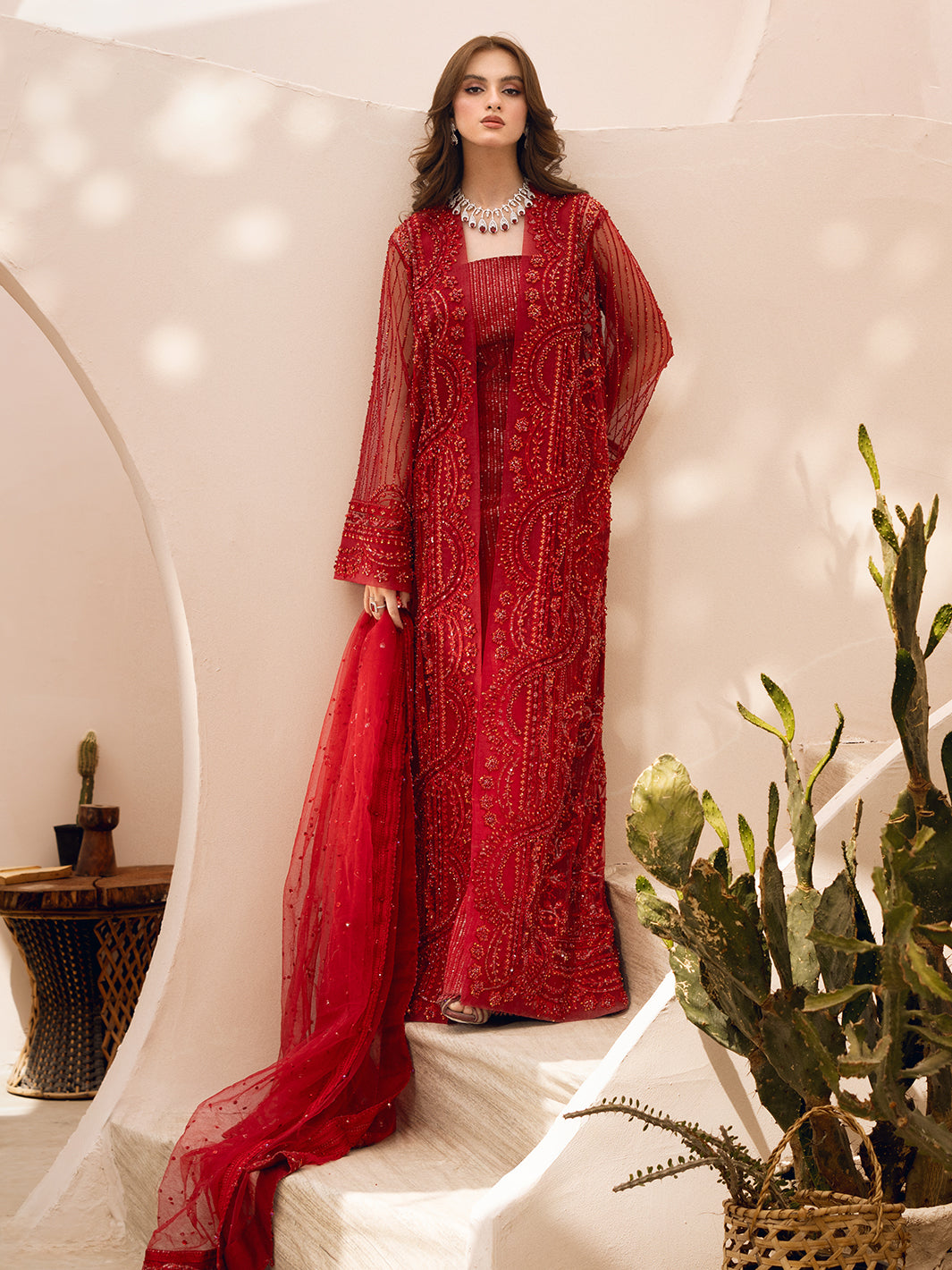 Pakistani Red Hand-Embellished Net Gown (2-Piece) - Image 10