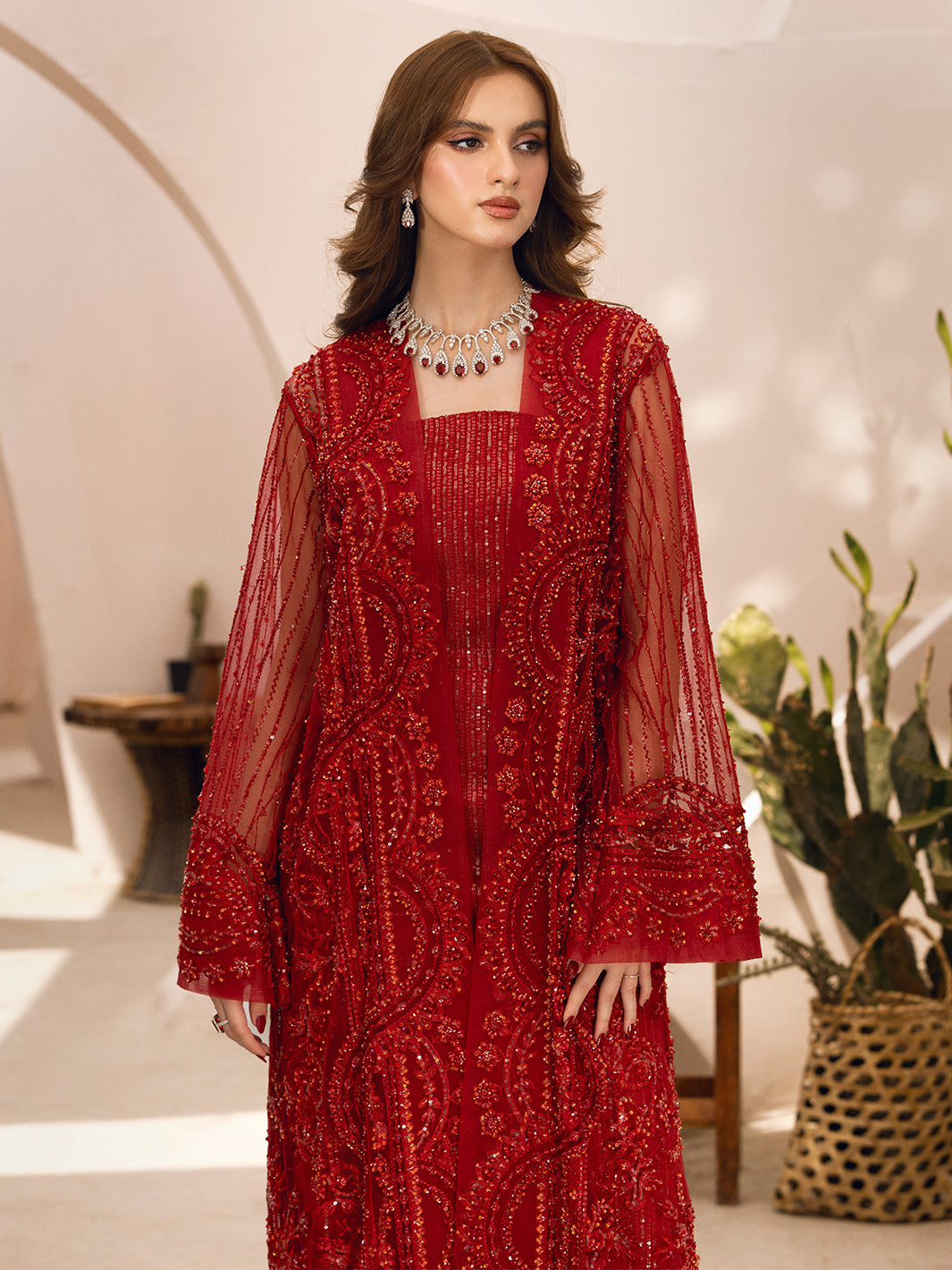 Pakistani Red Hand-Embellished Net Gown (2-Piece) - Image 11