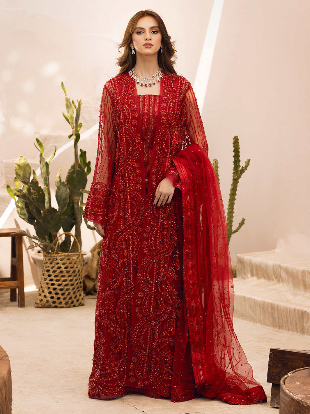 Pakistani Red Hand-Embellished Net Gown (2-Piece) - Image 12