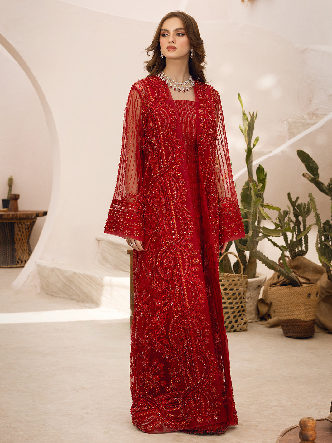 Pakistani Red Hand-Embellished Net Gown (2-Piece) - Image 2