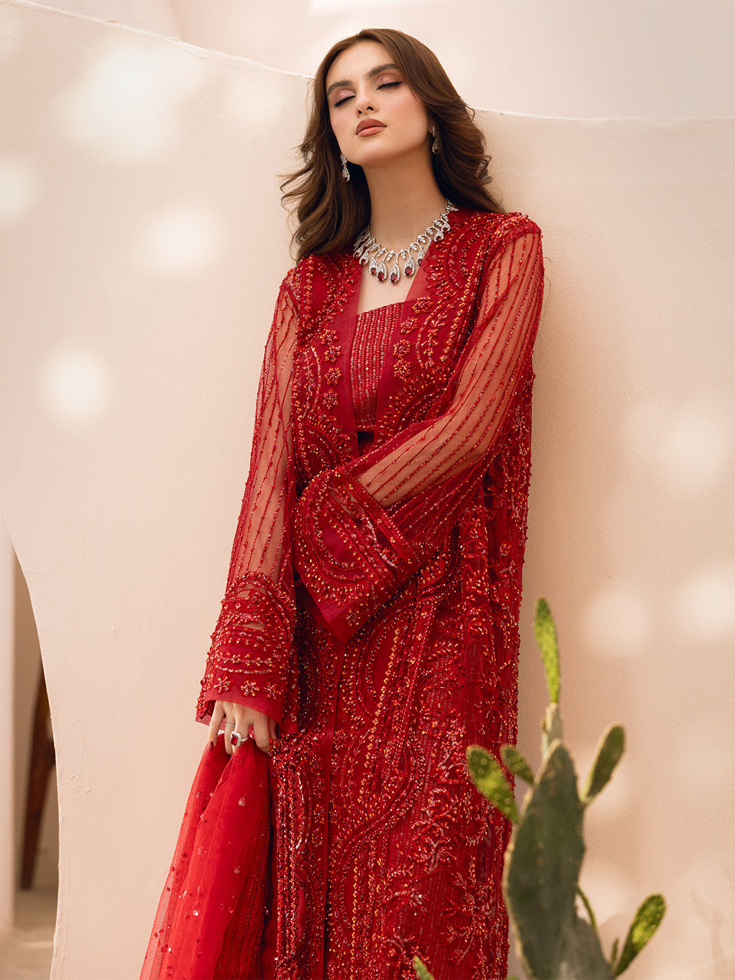 Pakistani Red Hand-Embellished Net Gown (2-Piece) - Image 3