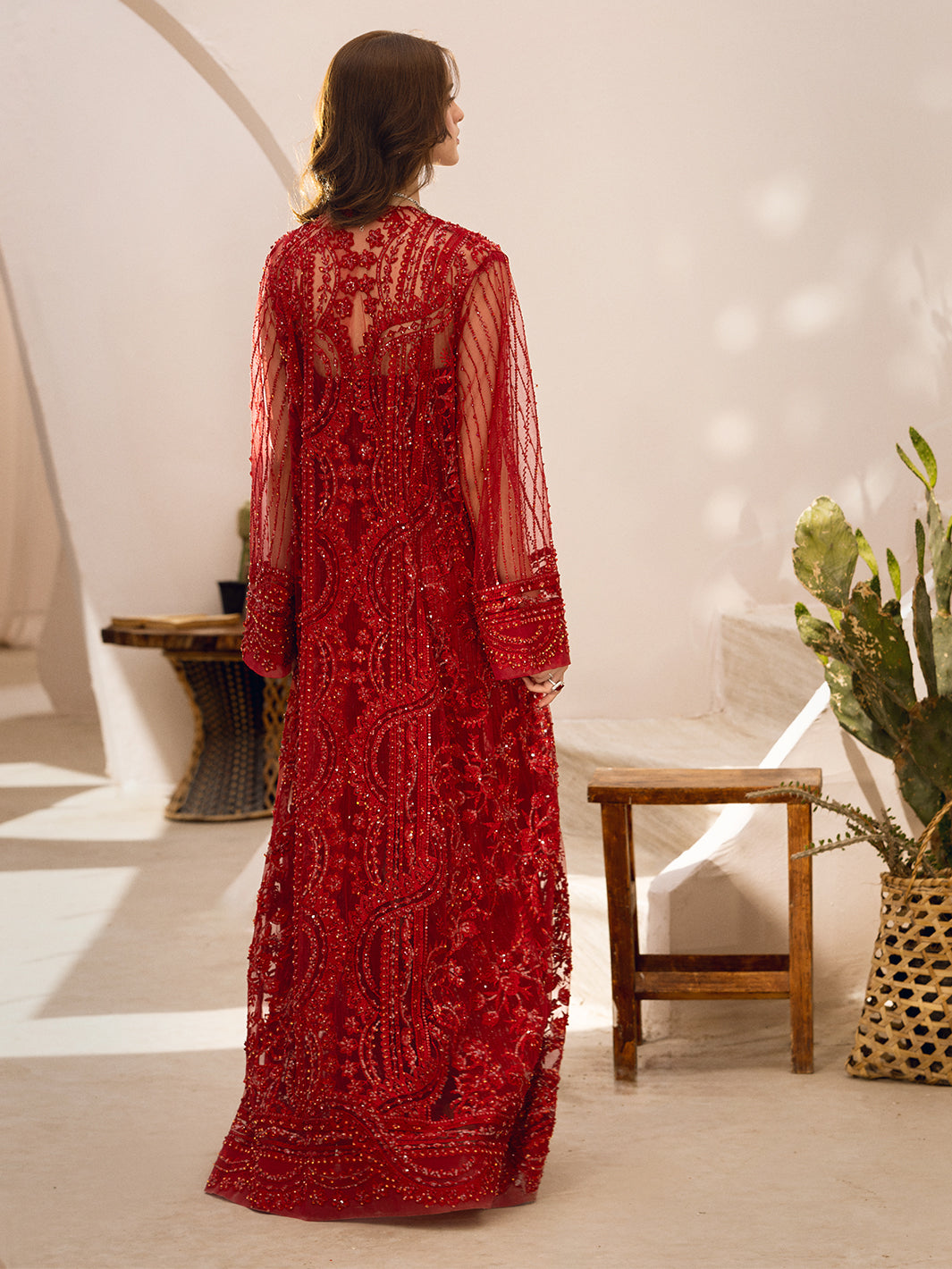 Pakistani Red Hand-Embellished Net Gown (2-Piece) - Image 4