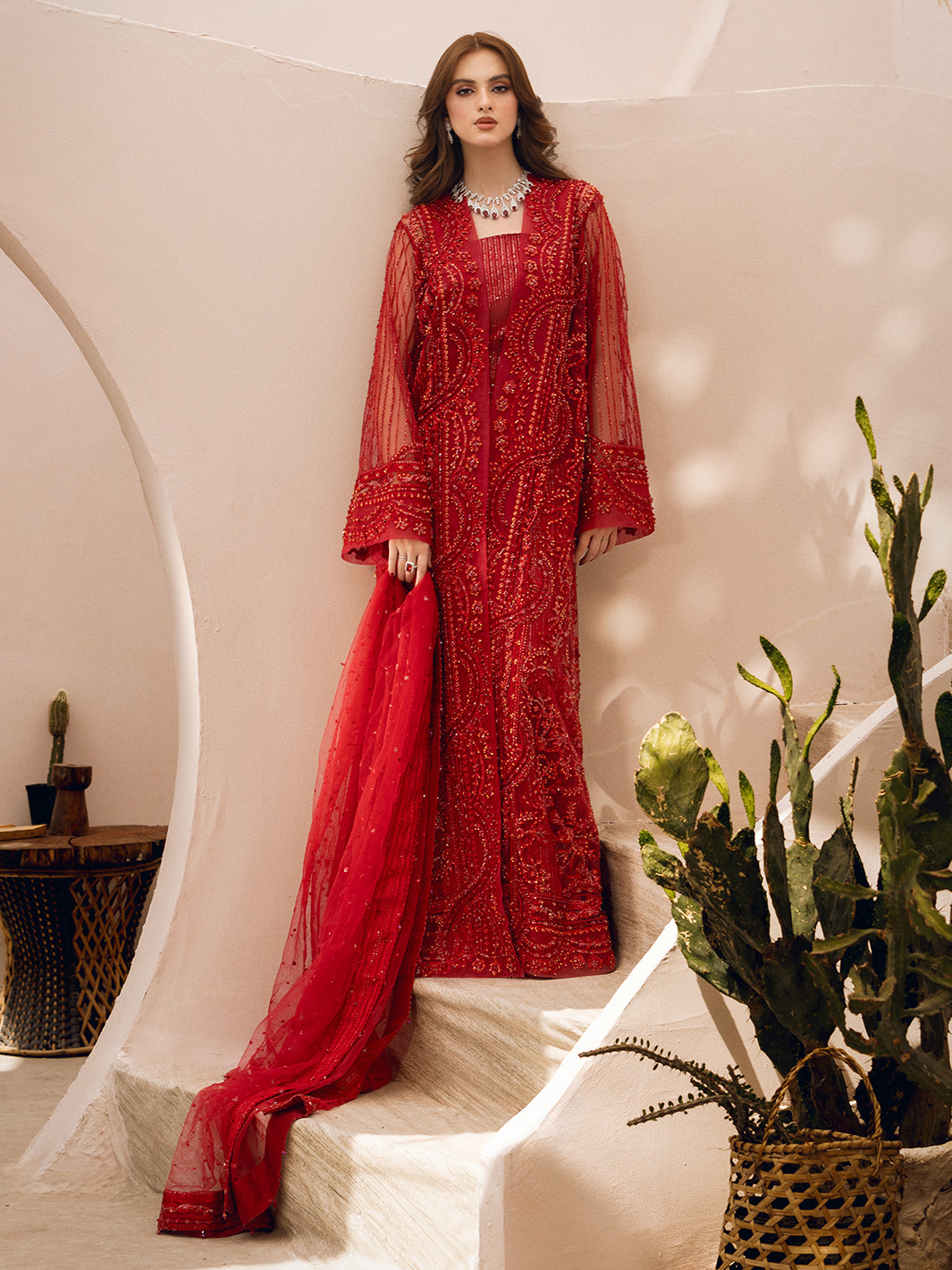 Pakistani Red Hand-Embellished Net Gown (2-Piece) - Image 5