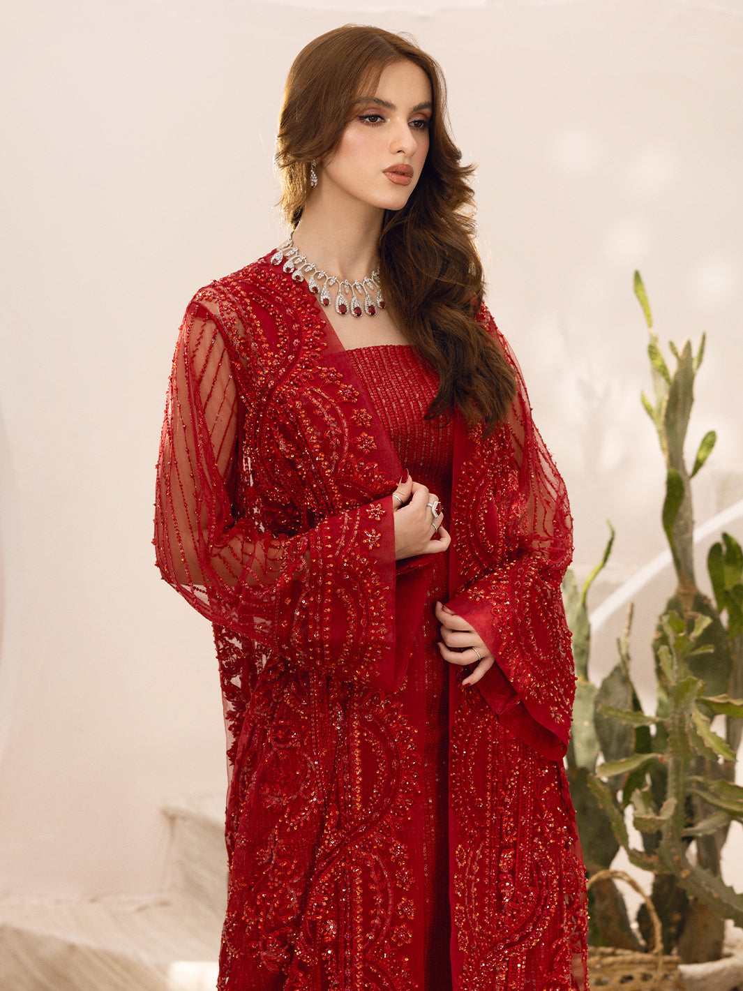 Pakistani Red Hand-Embellished Net Gown (2-Piece) - Image 6