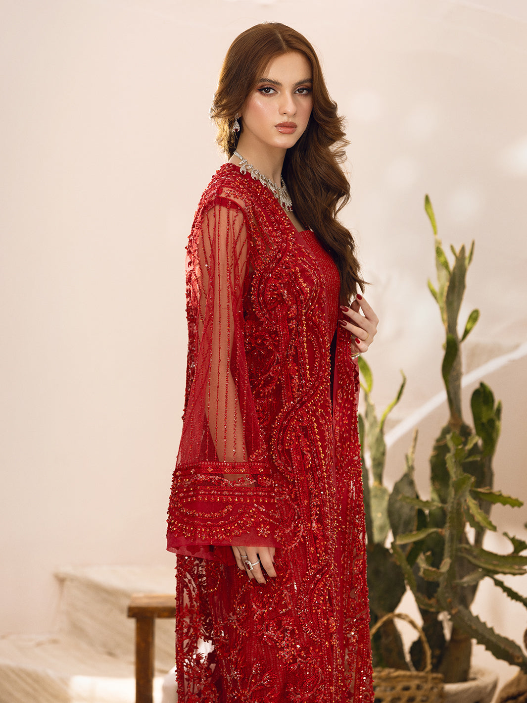 Pakistani Red Hand-Embellished Net Gown (2-Piece) - Image 7