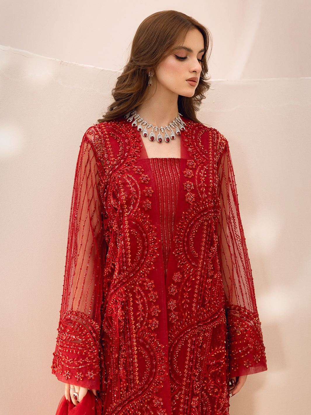 Pakistani Red Hand-Embellished Net Gown (2-Piece) - Image 9