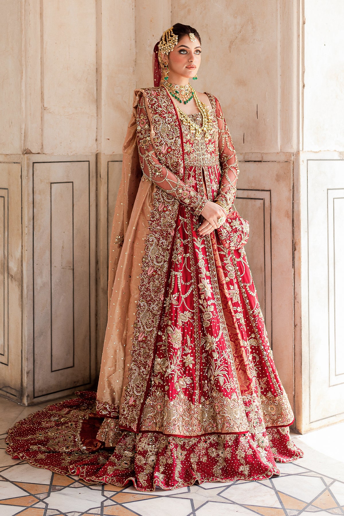 Blood-Red Embellished Raw Silk & Kimkhab Bridal Gown (2-Piece) - Image 1