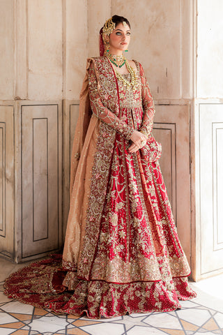 Blood-Red Embellished Raw Silk & Kimkhab Bridal Gown (2-Piece) - Image 2