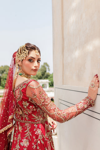 Blood-Red Embellished Raw Silk & Kimkhab Bridal Gown (2-Piece) - Image 4