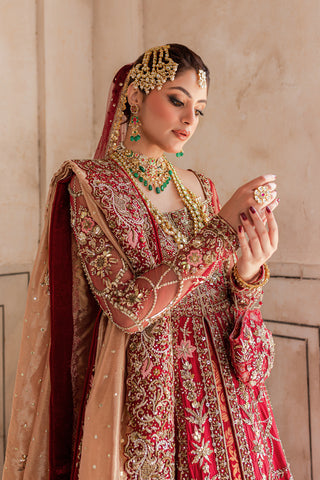 Blood-Red Embellished Raw Silk & Kimkhab Bridal Gown (2-Piece) - Image 5